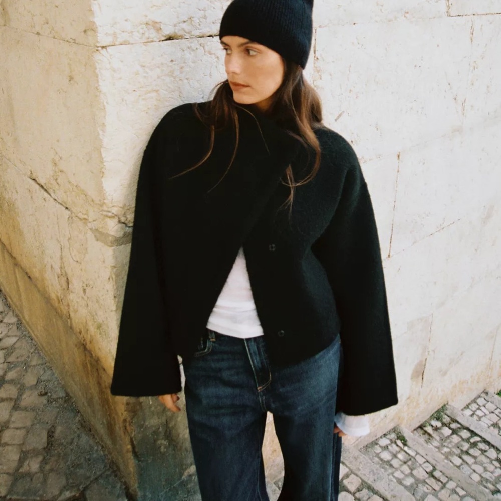 Zara Black Cropped High Neck Bomber Wrap Jacket